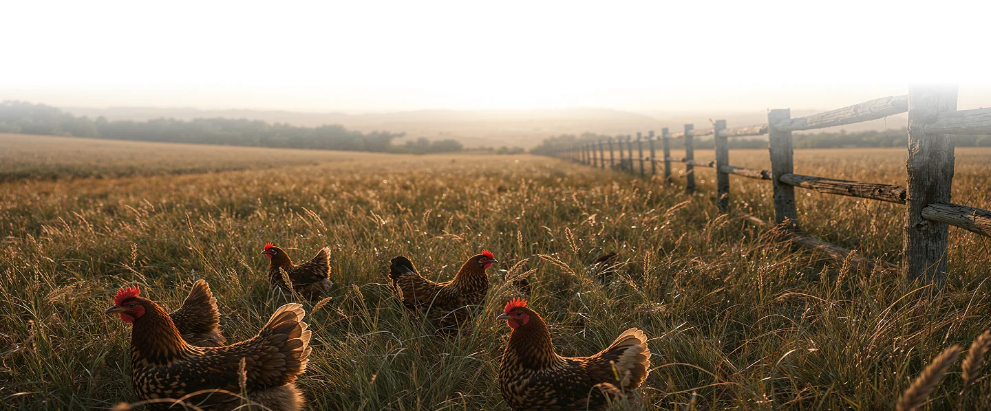 Chickens in tall grass at sunset