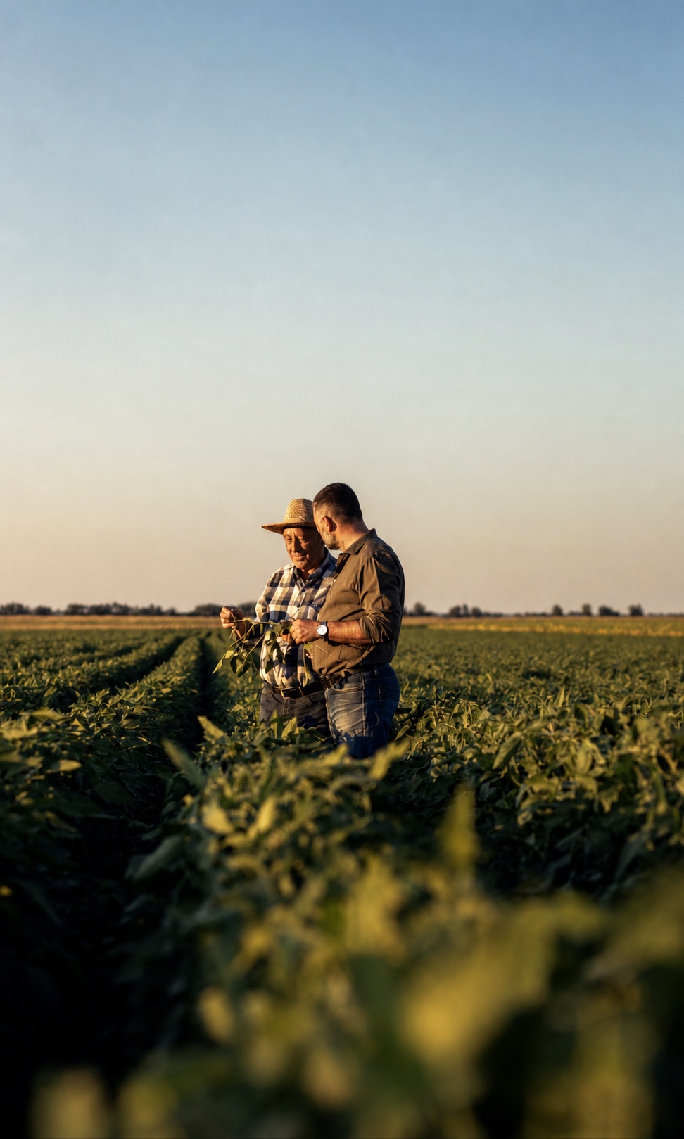Two farmers inspecting crops together in a field